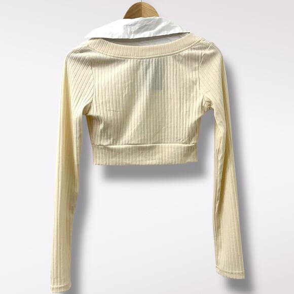 NWT Fashion Nova XS Crop Top Ribbed Sweater‎ Cream Combo Shirt Check Your Facts - Picture 6 of 9